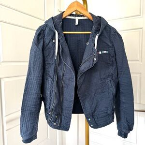 Y2K Vintage Cotton Zip Up Jacket Hood Navy Blue ‎ L Sun Faded Grunge Distressed